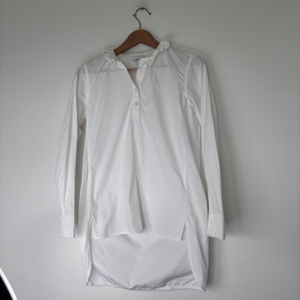 Sandro Vintage White Button Snap Front Ruffle Neck Tunic Shirt Size 1 Small